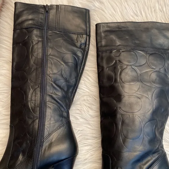 Coach Millie Black Leather Embossed Logo Tall Boots, Size 9.5B
