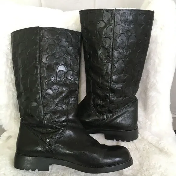 Coach Women's Black Valentine Signature Embossed Leather Boots Size 9.5B
