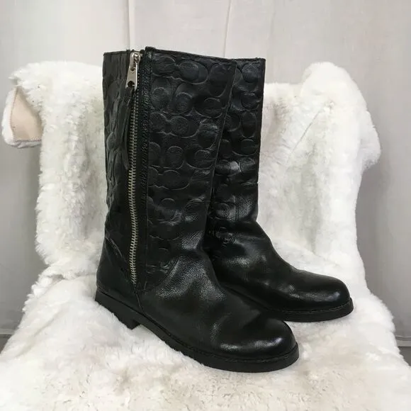 Coach Women's Black Valentine Signature Embossed Leather Boots Size 9.5B