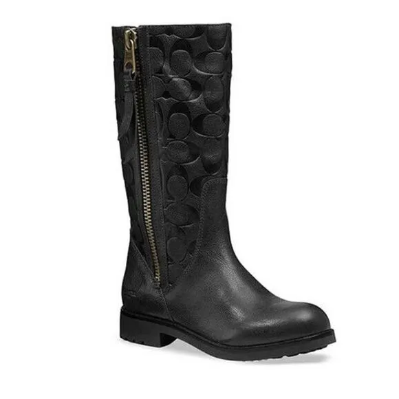 Coach Women's Black Valentine Signature Embossed Leather Boots Size 9.5B