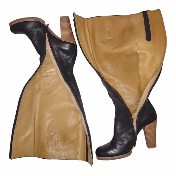 COCLICO Black Leather High Heel Boots Size 39 Designer Classic Knee High Retro