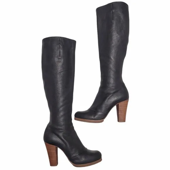 COCLICO Black Leather High Heel Boots Size 39 Designer Classic Knee High Retro