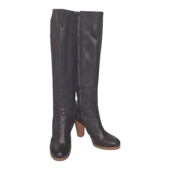 COCLICO Black Leather High Heel Boots Size 39 Designer Classic Knee High Retro