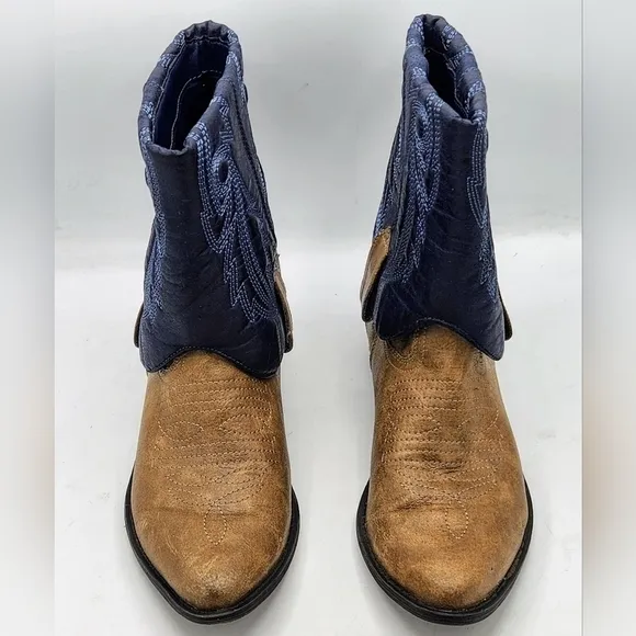 Coconuts By Matisse Tan Blue Cowboy Boots Distressed Fold over Faux Leather SZ 7