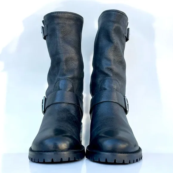 Cole Haan Hemlock Black Leather Biker Boots Buckle Strap Engineer Women’s 7