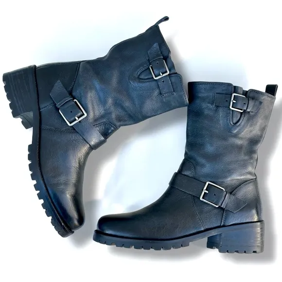 Cole Haan Hemlock Black Leather Biker Boots Buckle Strap Engineer Women’s 7
