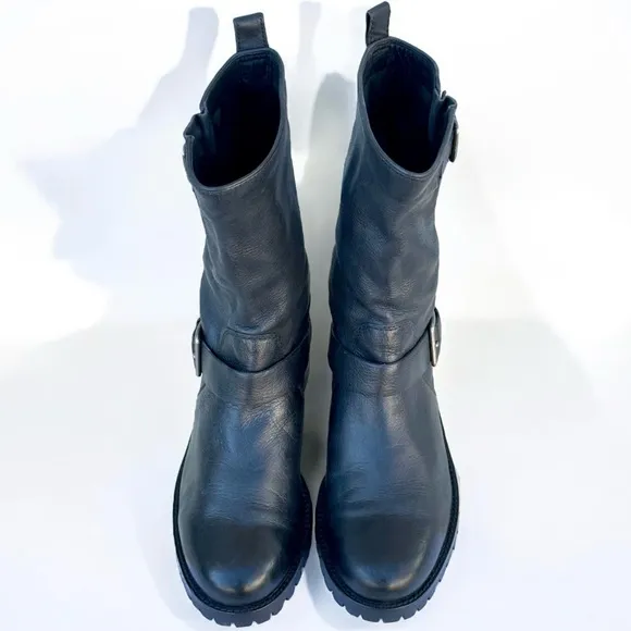 Cole Haan Hemlock Black Leather Biker Boots Buckle Strap Engineer Women’s 7