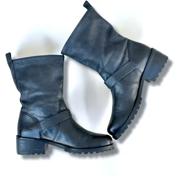 Cole Haan Hemlock Black Leather Biker Boots Buckle Strap Engineer Women’s 7