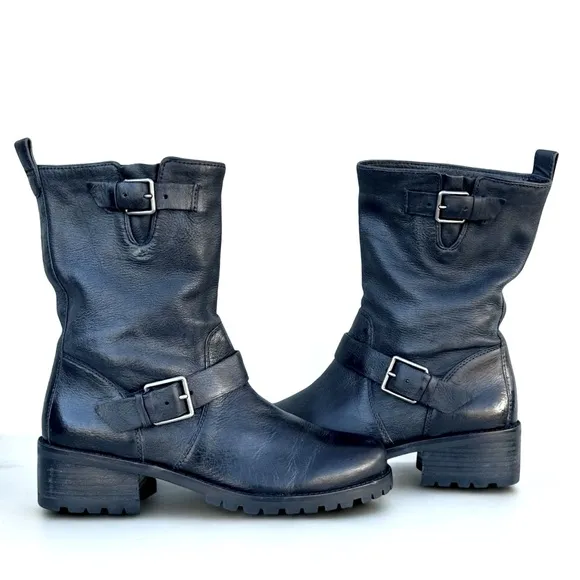 Cole Haan Hemlock Black Leather Biker Boots Buckle Strap Engineer Women’s 7