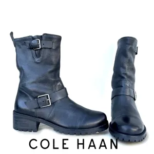 Cole Haan Hemlock Black Leather Biker Boots Buckle Strap Engineer Women’s 7