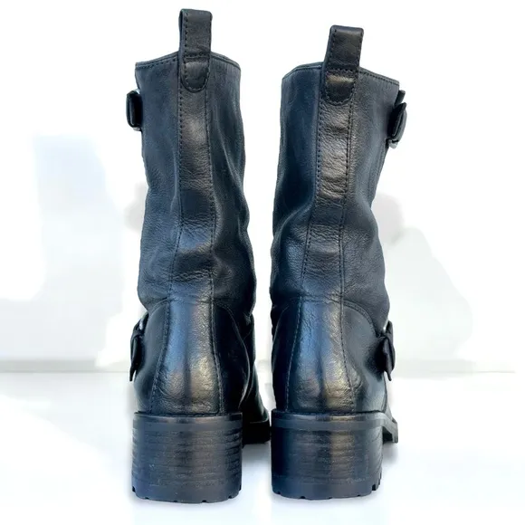 Cole Haan Hemlock Black Leather Biker Boots Buckle Strap Engineer Women’s 7