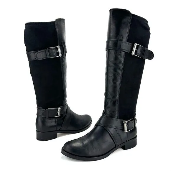 COLE HAAN NIKE AIR “WHITLEY” BLACK LEATHER &amp; STRETCHY SUEDE PULL-ON RIDING BOOTS