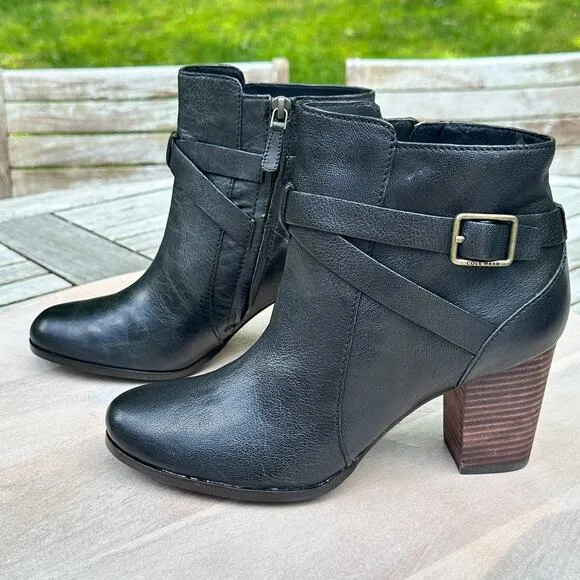 Cole Haan Women's Size 8.5 Cassidy Buckle Leather Zip Ankle Boots Black New
