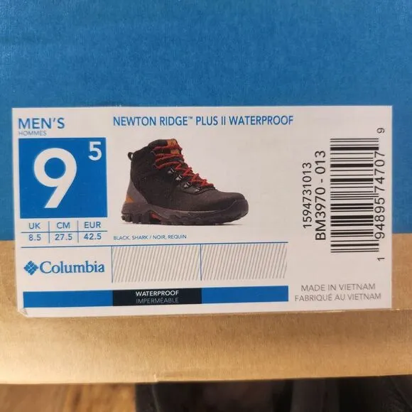 Columbia Newton Ridge Plus II Waterproof Mens Sz 9.5 Black Shark Hiking Boots