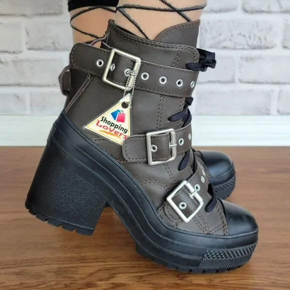 ⭐Converse Chuck 70 De Luxe Heel Leather &amp; Buckles Sz 7 Women Boots Brown A12209C
