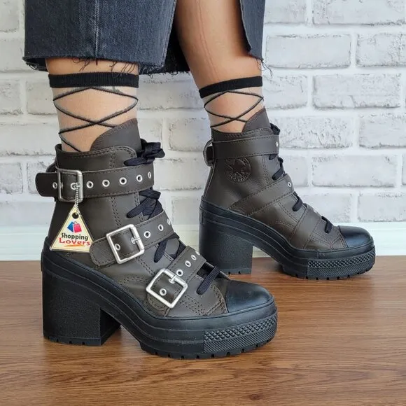 ⭐Converse Chuck 70 De Luxe Heel Leather &amp; Buckles Sz 8 Women Boots Brown A12209C