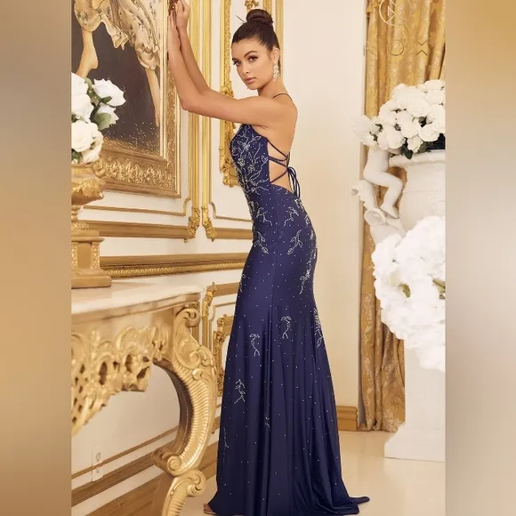 COPY - Emerald, navy,burgundy fitted long beaded lace up back dress