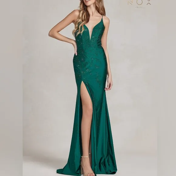 COPY - Emerald, navy,burgundy fitted long beaded lace up back dress