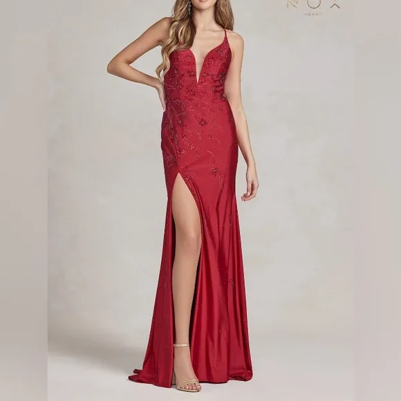 COPY - Emerald, navy,burgundy fitted long beaded lace up back dress