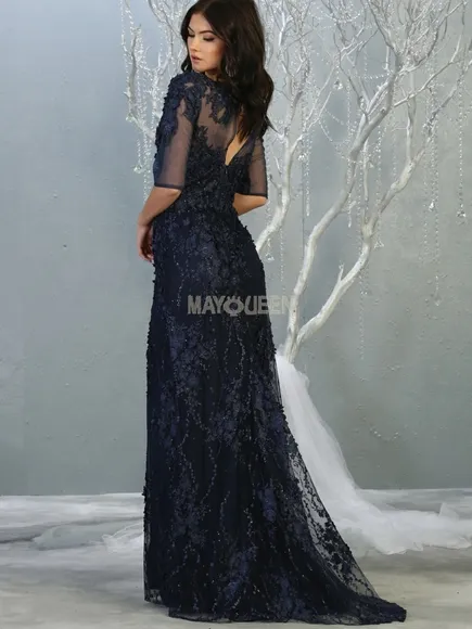 COPY - Navy blue lace applique beaded sheath  bridesmaid mother of the bride dr…