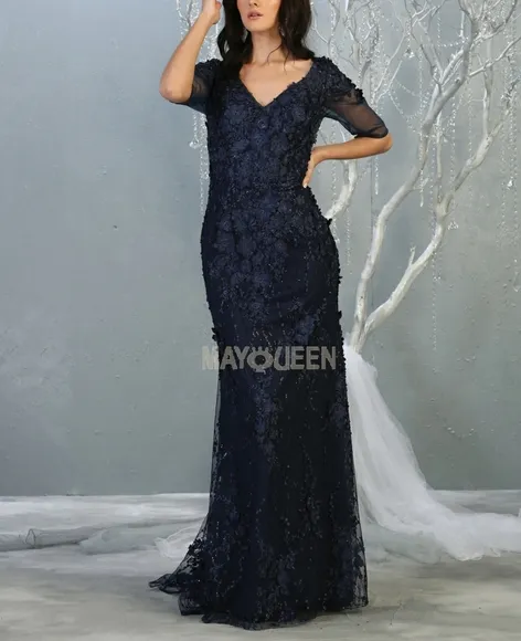 COPY - Navy blue lace applique beaded sheath  bridesmaid mother of the bride dr…