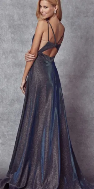 COPY - Navy blue, magenta mauve, silver glitter crepe open back dress
