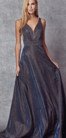 COPY - Navy blue, magenta mauve, silver glitter crepe open back dress