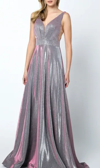 COPY - Navy blue, magenta mauve, silver glitter crepe open back dress
