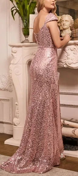 COPY - Sequin cap sleeve prom formal fitted dress with leg slit and lace up back
