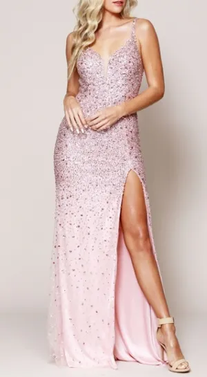 COPY - Sequin fitted formal evening gown with open back pink,blue,gold.