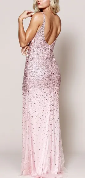 COPY - Sequin fitted formal evening gown with open back pink,blue,gold.