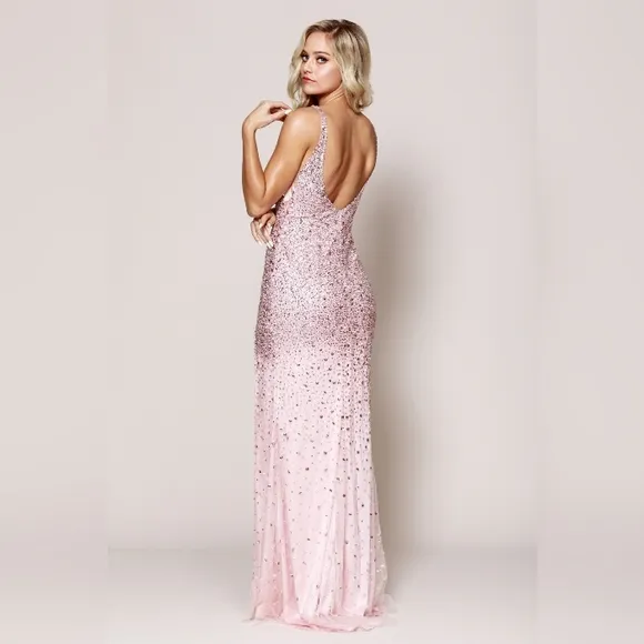 COPY - Sequin fitted formal evening gown with open back pink,blue,gold.