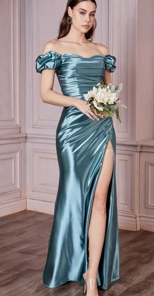 COPY - Sheath gathered off shoulder long prom party pageant dress
