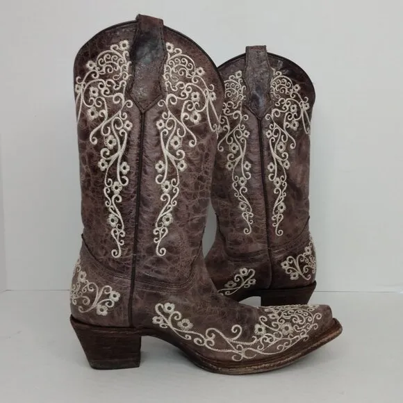Corral Boots Teens Sz 3.5 T Leather Embroidered Brown Snip Toe Cowgirl A2773