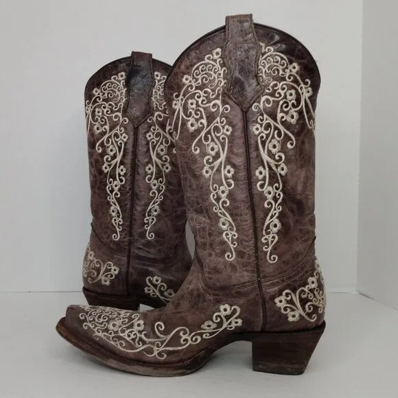 Corral Boots Teens Sz 3.5 T Leather Embroidered Brown Snip Toe Cowgirl A2773