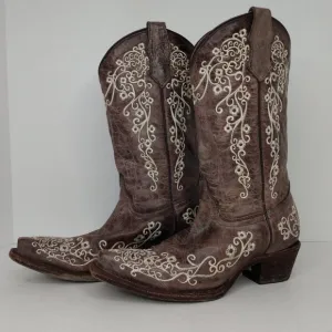 Corral Boots Teens Sz 3.5 T Leather Embroidered Brown Snip Toe Cowgirl A2773