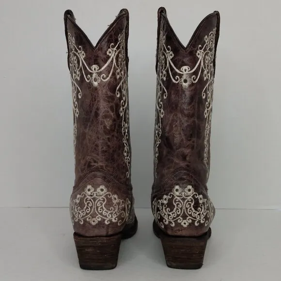 Corral Boots Teens Sz 3.5 T Leather Embroidered Brown Snip Toe Cowgirl A2773