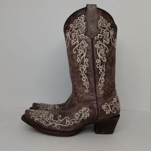 Corral Boots Teens Sz 3.5 T Leather Embroidered Brown Snip Toe Cowgirl A2773