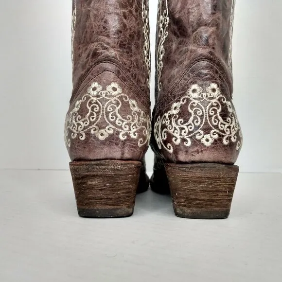 Corral Boots Teens Sz 3.5 T Leather Embroidered Brown Snip Toe Cowgirl A2773