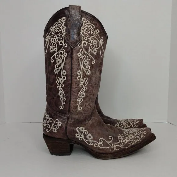 Corral Boots Teens Sz 3.5 T Leather Embroidered Brown Snip Toe Cowgirl A2773