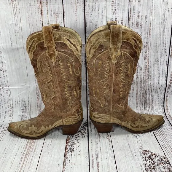 Corral Phoenix Crackle Tan Leather Snip Toe Western Cowgirl Boots Women’s Size 7
