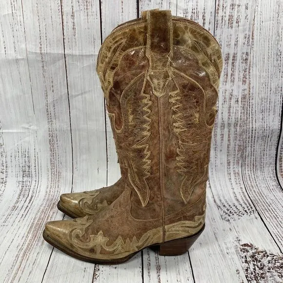 Corral Phoenix Crackle Tan Leather Snip Toe Western Cowgirl Boots Women’s Size 7