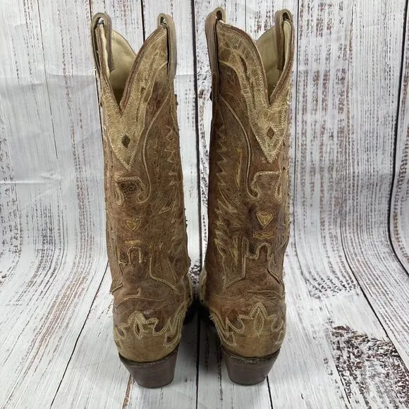 Corral Phoenix Crackle Tan Leather Snip Toe Western Cowgirl Boots Women’s Size 7
