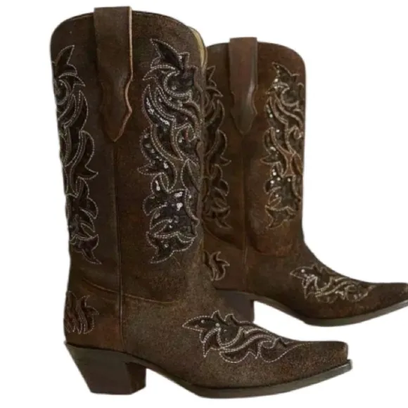 Corral Sequin Brown Leather Western Boot Sz 8 Cowgirl Rodeo Cowboy Sparkle