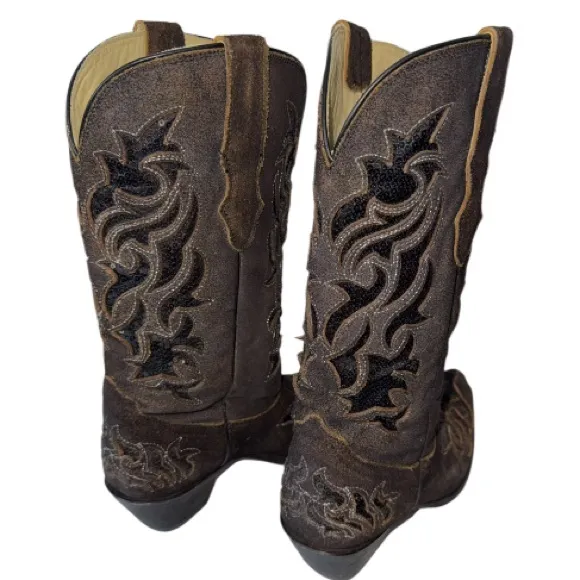 Corral Sequin Brown Leather Western Boot Sz 8 Cowgirl Rodeo Cowboy Sparkle