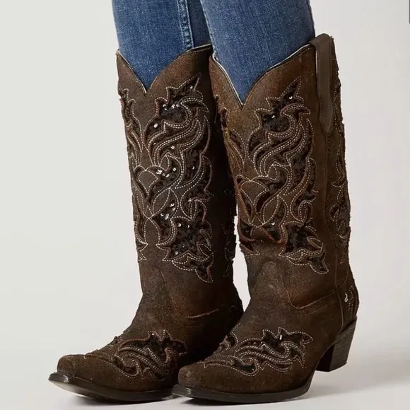 Corral Sequin Brown Leather Western Boot Sz 8 Cowgirl Rodeo Cowboy Sparkle
