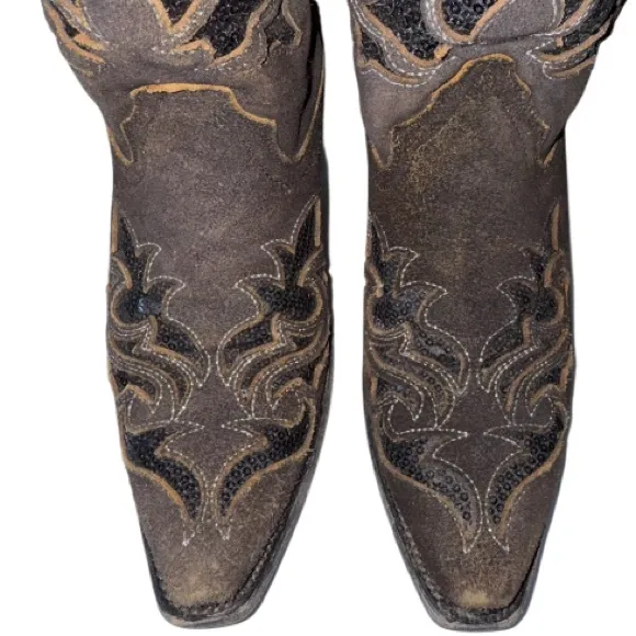 Corral Sequin Brown Leather Western Boot Sz 8 Cowgirl Rodeo Cowboy Sparkle