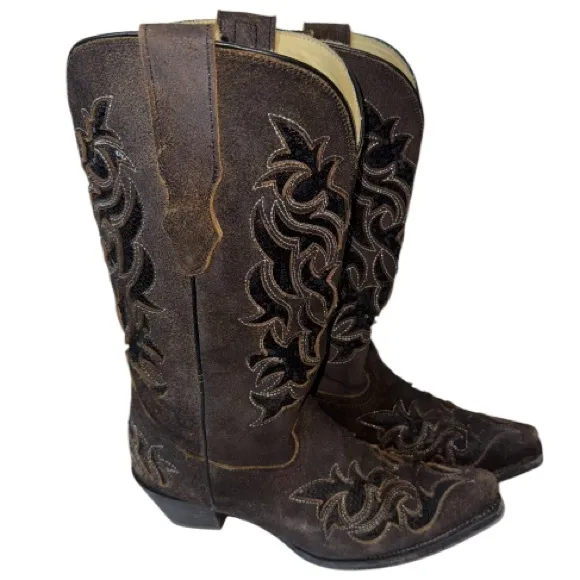 Corral Sequin Brown Leather Western Boot Sz 8 Cowgirl Rodeo Cowboy Sparkle