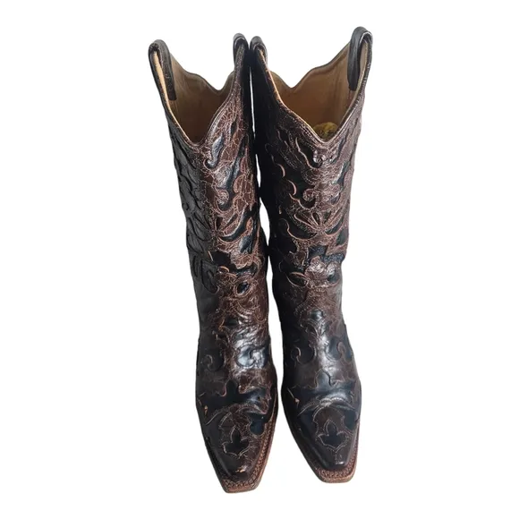 Corral Western Cowgirl Boots Brown &amp; Black Inlays WMN Size 8M Snip Toe C1957