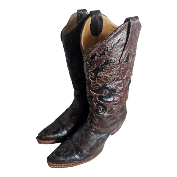 Corral Western Cowgirl Boots Brown &amp; Black Inlays WMN Size 8M Snip Toe C1957